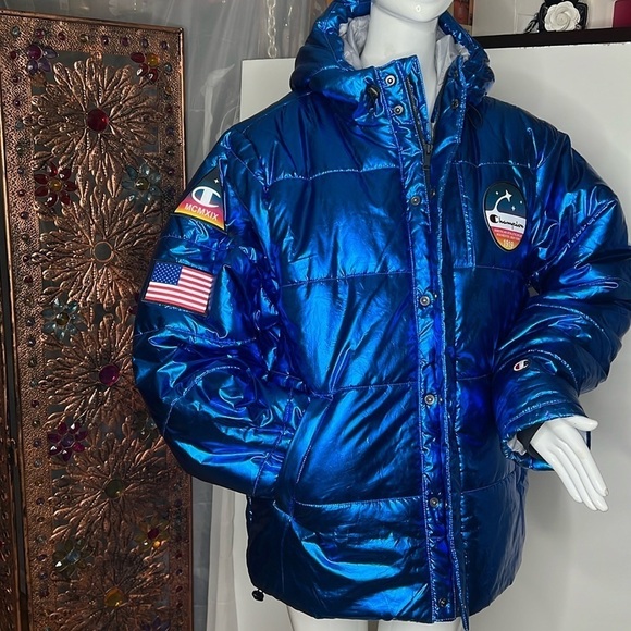 Champion Sz L NASA USA Metallic Blue Hooded Puffer Jacket Limited Edition